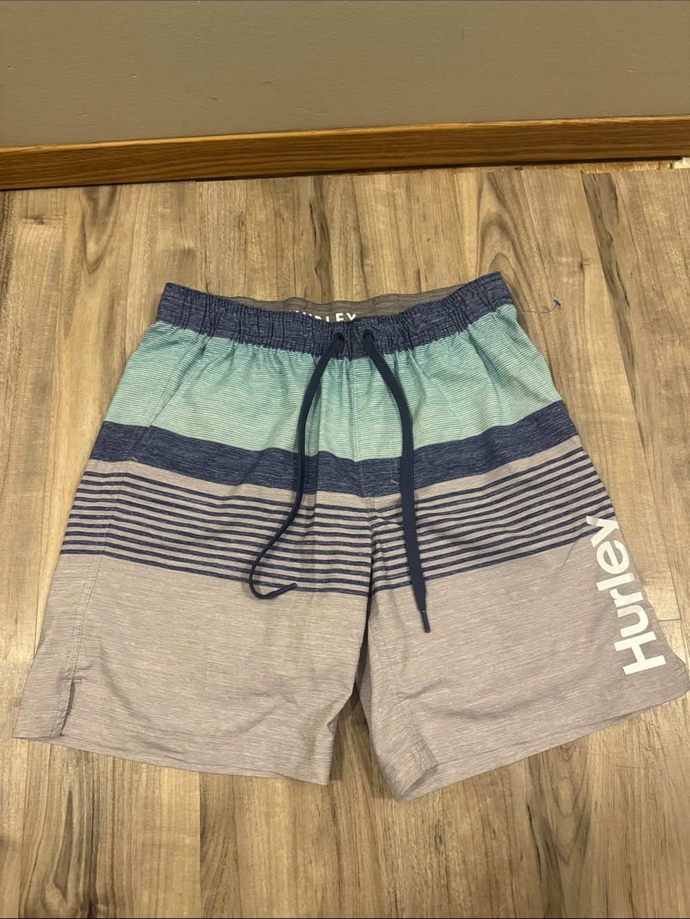 Hurley Aqua, Navy & Light Gray Striped Swim Shorts